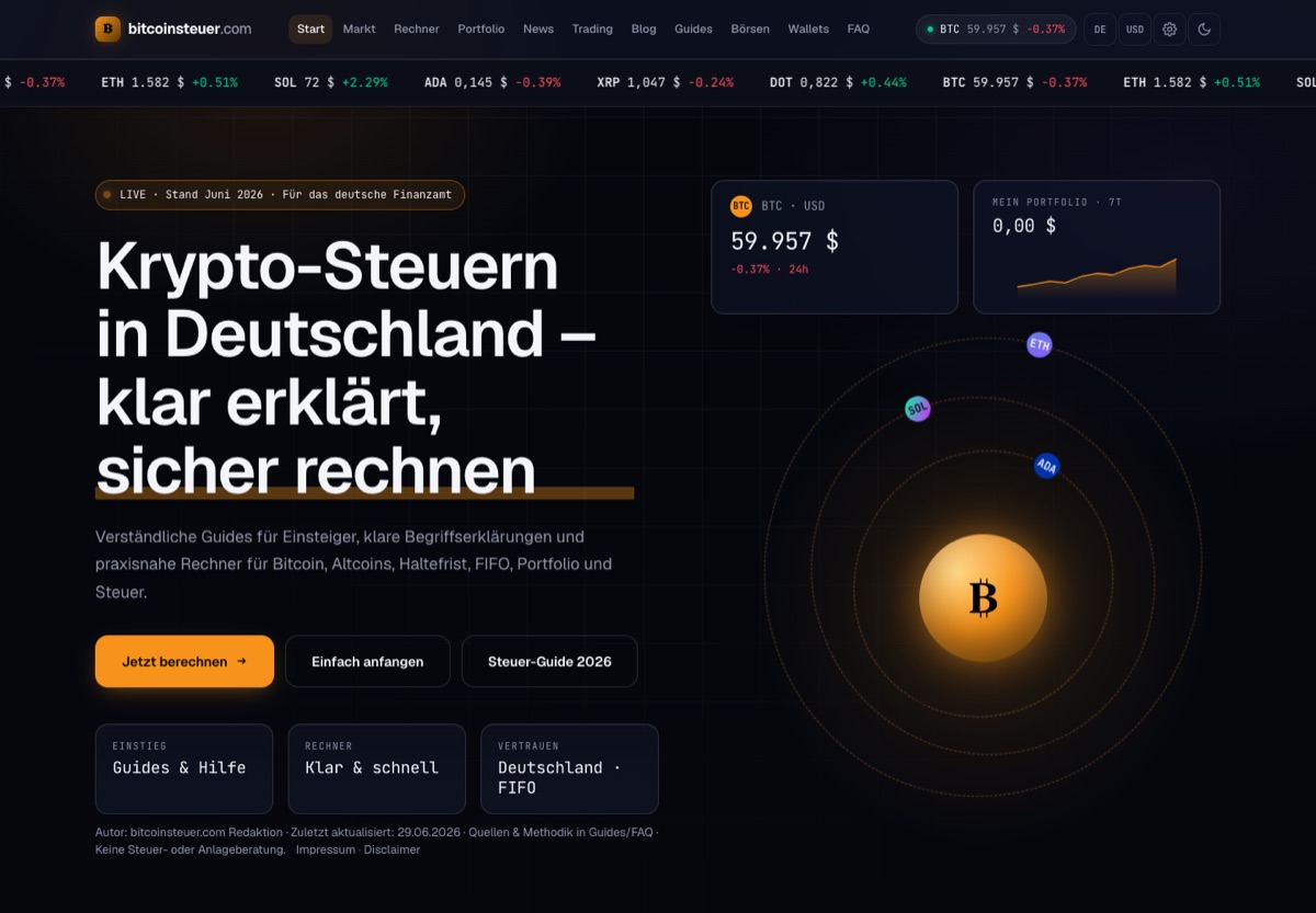 Webseite bitcoinsteuer.com mit dunkler Startseite