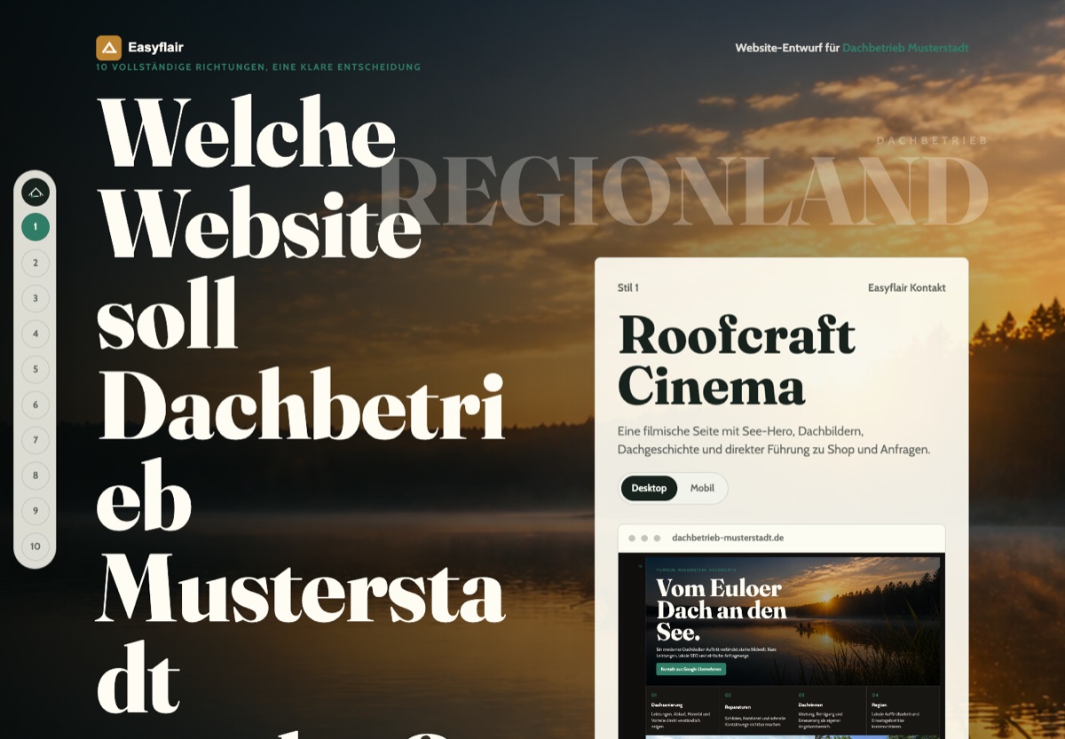 Webseite eines Dachdeckerbetriebs mit Leistungsdarstellung